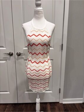 Swimsuit Coverup Cream With Coral & Peach Chevron Stripes Sheer Knit XS